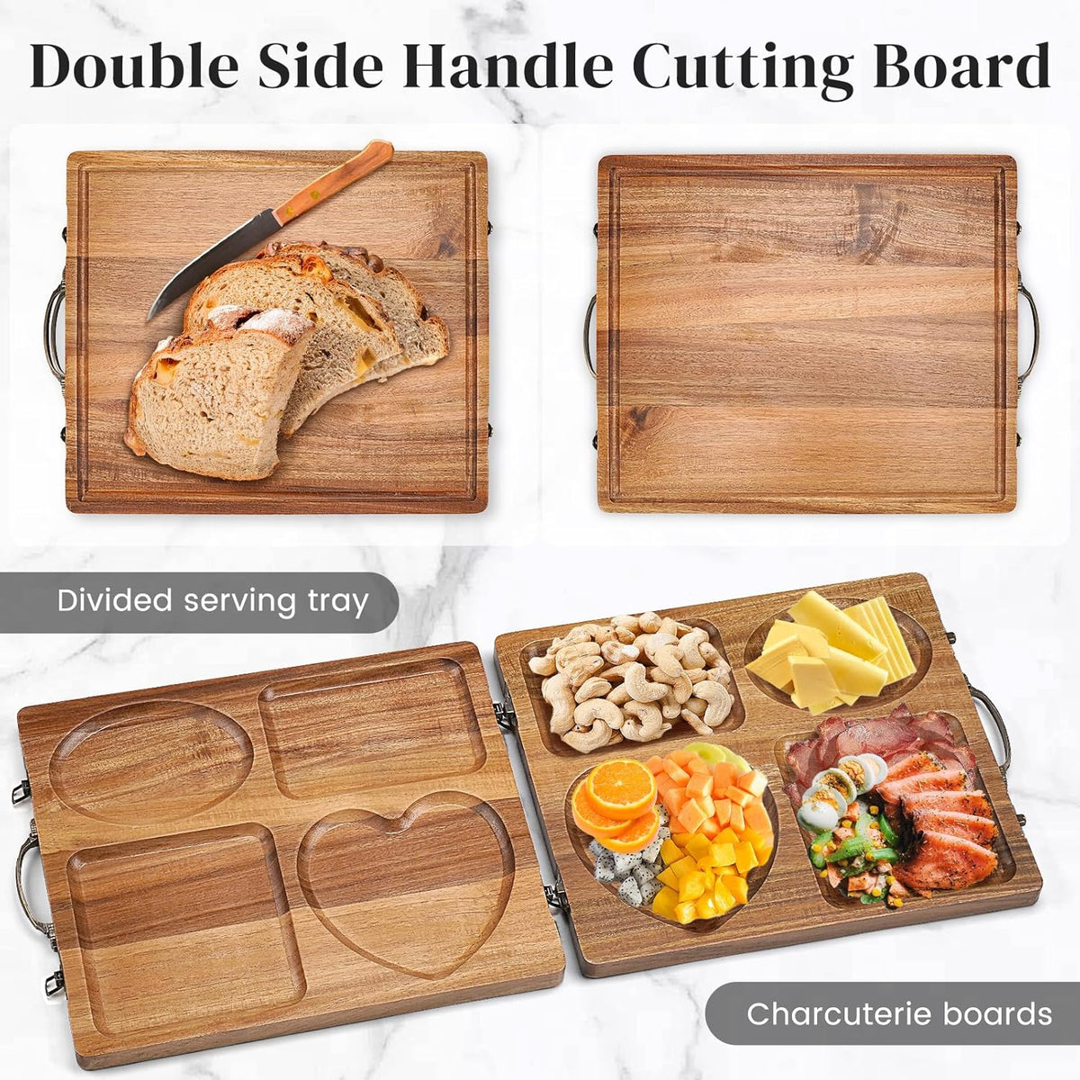 Double Side Acacia Wood Serving Tray, Serving Platters and Trays, Charcuterie Boards Wooden Tray with Vintage Metal Handles, Wooden Cutting Boards for Kitchen, Trays for Serving Food Serving Platter
