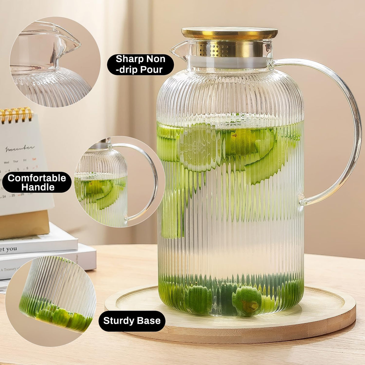 Glass Pitcher with Lid, 100 oz/ 3 Liter Classic Vertical Stripes Water Pitcher,Glass Water Carafe for Cold Brew, Coffee, Lemonade, Iced Sun Tea,Beverage, Milk, Heat Resistant