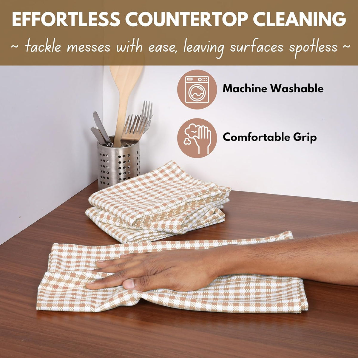 Native Fab Gingham Check Kitchen Dish Towels 16"x26" Set of 12-100% Cotton Mini Plaid Washcloths - Absorbent Dish Cloths Set, Cleaning Hand Towels with Hanging Loop - Beige White