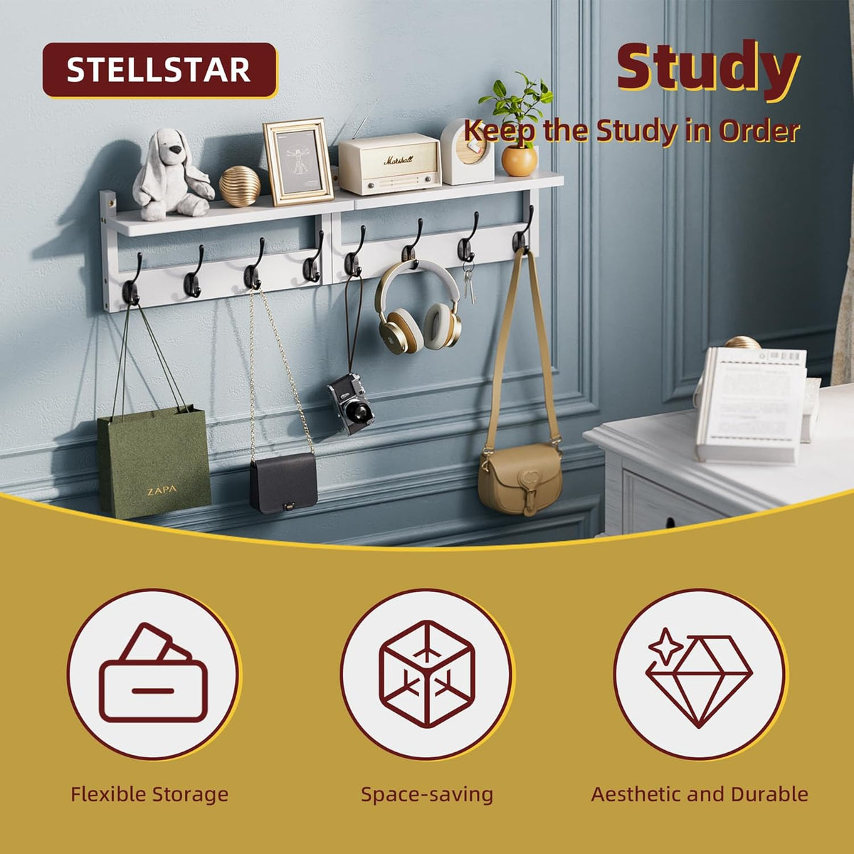 Coat Rack with Shelf Wall Mount, Entryway Bamboo Hanging Shelf, Set of 2, Wall Hook Rail for Hallway Décor, Storage Clothe, Hat, Robe, Key, Dog Leash (White+Black)