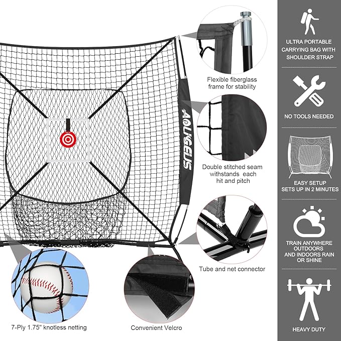 6'X6' Baseball Softball Practice Net with Batting Tee and Ball Caddy, Bonus Strike Zone Target and Bow Frame, for Hitting, Pitching, Catching