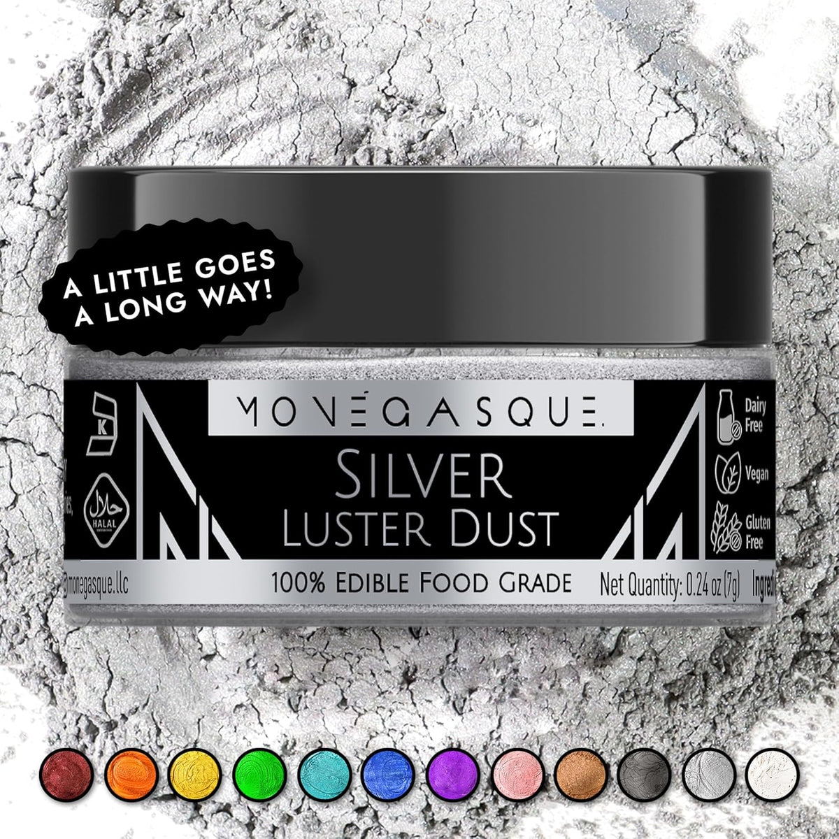 MONÉGASQUE Silver Edible Glitter for Drinks 7g – Edible Glitter for Cakes & Cocktails – Luster Dust for Drinks, Cocktail, & Cakes – Silver Cake Decorations Spray Sprinkles & Halloween Drink Shimmer
