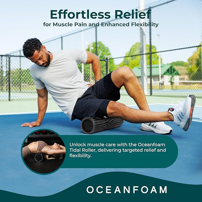 Oceanfoam Tidal Roller - Black & Charcoal Marbled - Muscle Massage Foam Roller for Back Pain & Stretching - Firm and Ergonomic Wide Wave Textured - Yoga, Athletics, & Wellness - Full Size, 20" x 5"