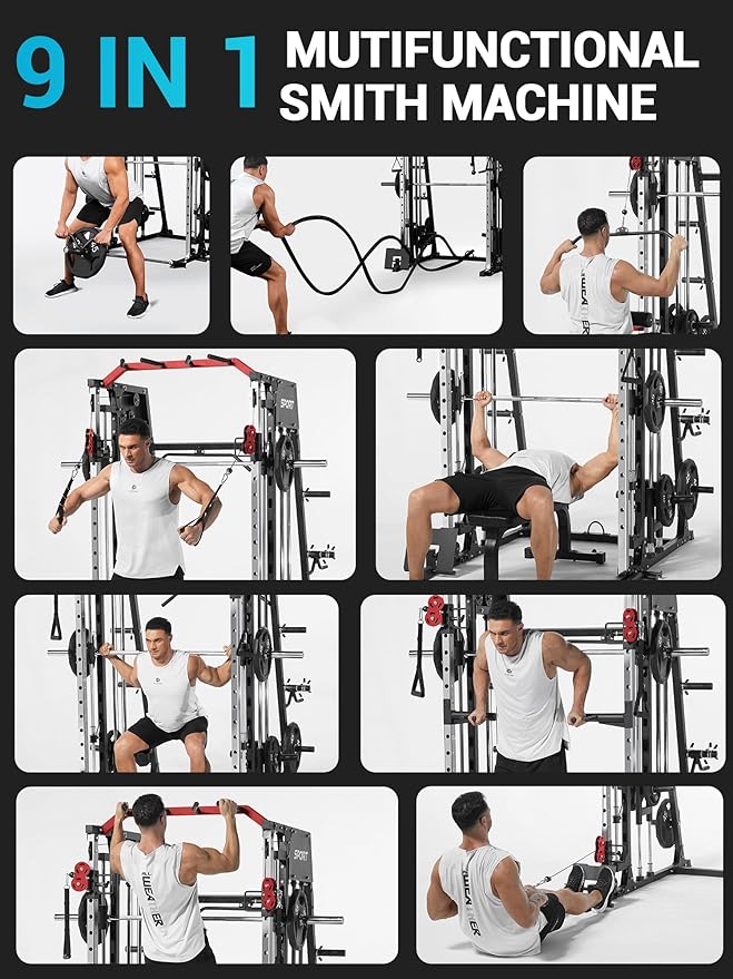 Smith Machine, Power Cage Squat Rack with Cable Crossover, Dual Pulley System, Pull-Up Bar, Home Gym Workout Equipment with Attachments for Strength Training and Weightlifting