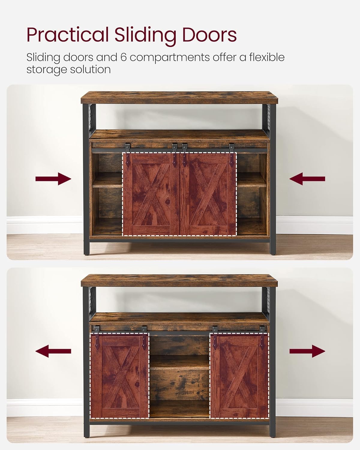 VASAGLE Buffet Cabinet, Coffee Bar Storage Cabinet, Sideboard with 2 Sliding Barn Doors, Adjustable Shelves, 13 x 39.4 x 31.5 Inches, for Living Room, Rustic Brown and Ink Black ULSC092B01