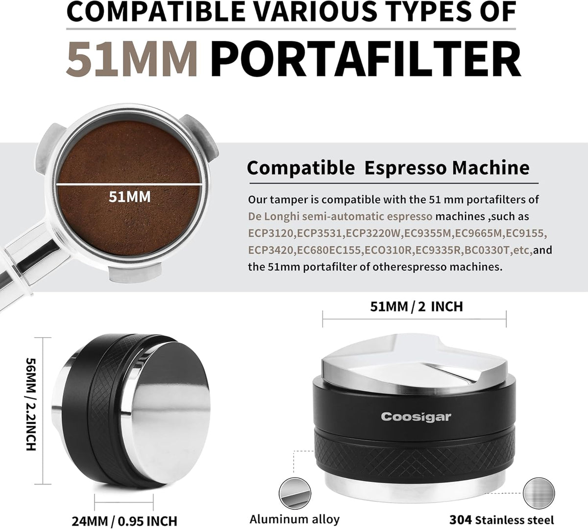 51mm Coffee Distributor and Tamper,Dual Head Coffee Leveler Fits for Delonghi 51mm Portafilter,Professional Espresso Hand Tamper.