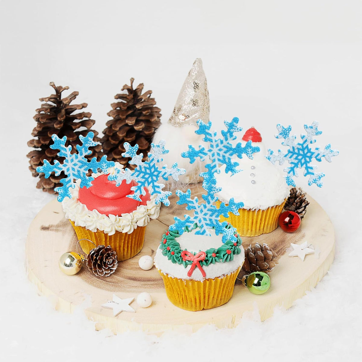 Gyufise 50Pcs Pink Edible Cupcake Cake Toppers Snowflake Cake Decorations for Christmas Winter Frozen Theme Party Supply Decoration Multi