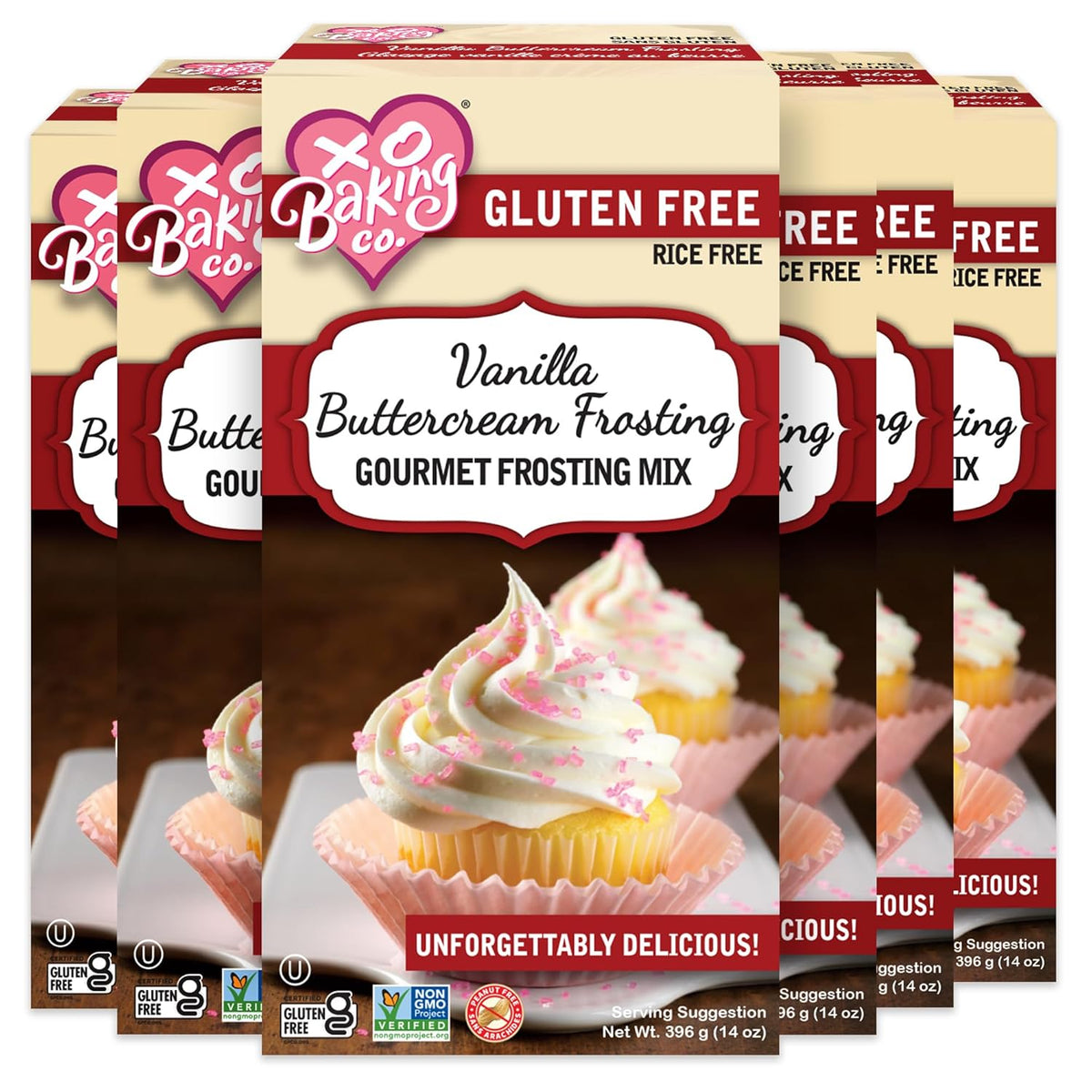 XO Baking Co. Gluten Free Vanilla Buttercream Gourmet Frosting Mix; Non-GMO; Kosher; Rice Free; Peanut Free; Soy Free; Dairy Free; No Preservatives; No Artificial Flavors or Colors, 14oz (Pack of 6)