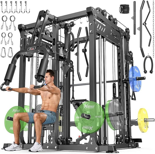 Smith Machine with Cable Crossover System, Multi-Function Power Cage Squat Rack for Home Gym, Power Rack and Packages Weight Sets.