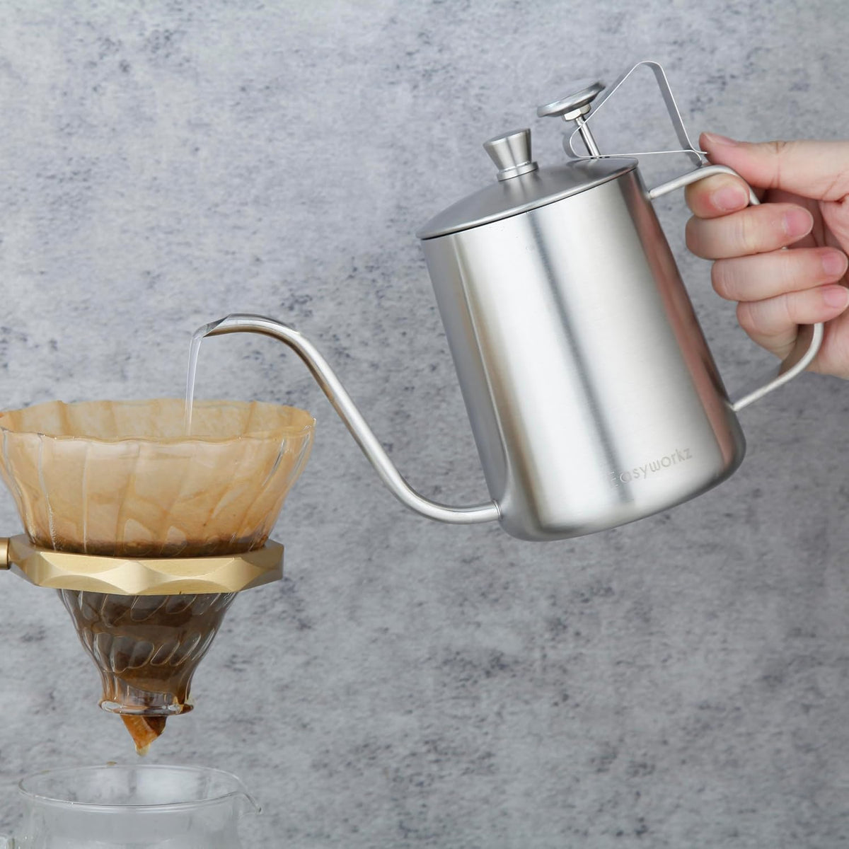Easyworkz Gage Gooseneck Pour Over Coffee Kettle 20 oz with Thermometer Stainless Steel Hand Drip Coffee Pot With Long Narrow Spout, Silver