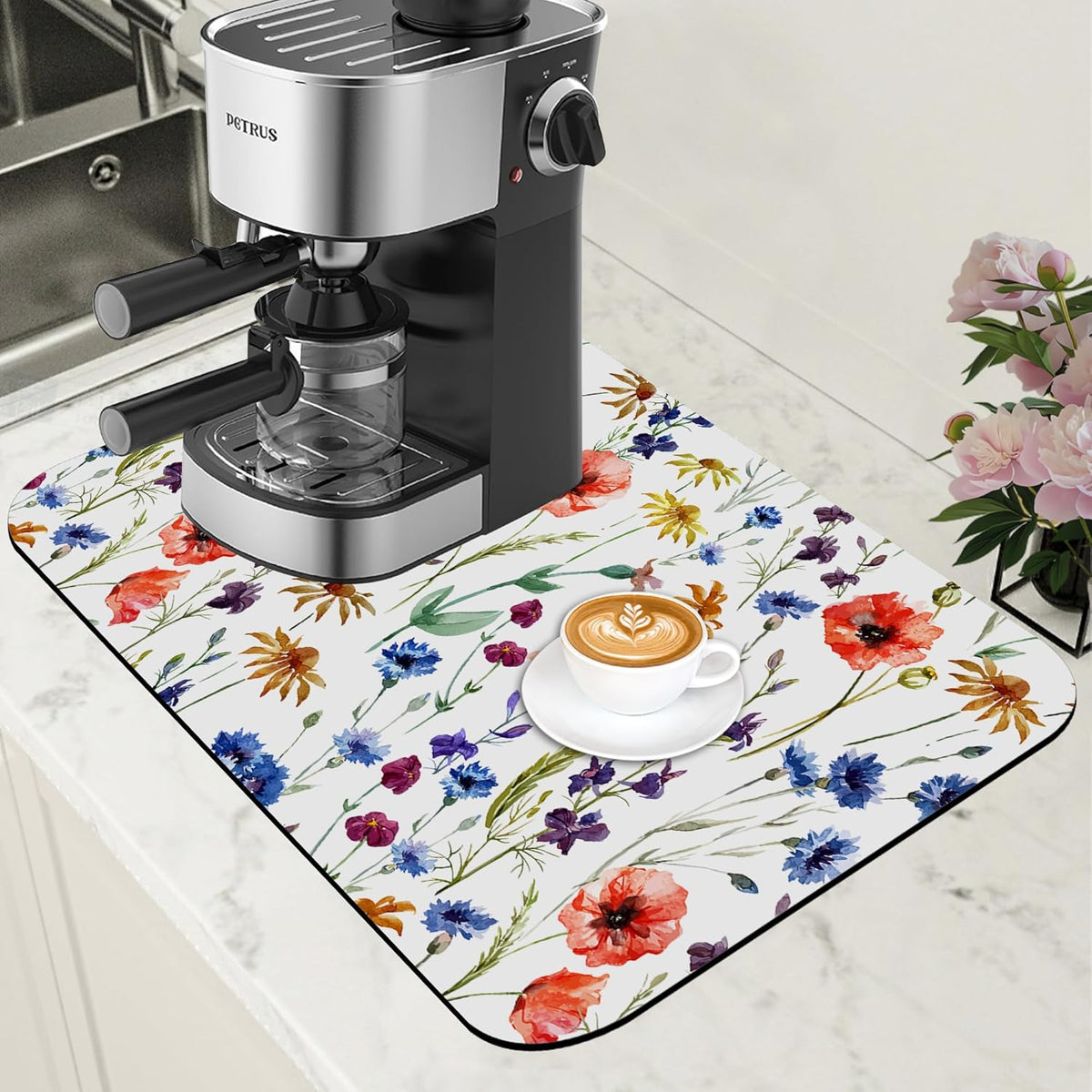 Watercolor Flowers Coffee Mat Daisy Dish Drying Mat for Kitchen Counter Absorbent Hide Stain Rubber Backed Coffee Bar Accessories Fit Under Espresso Machine Dish Drainer 11.8 x 19.7 Inch