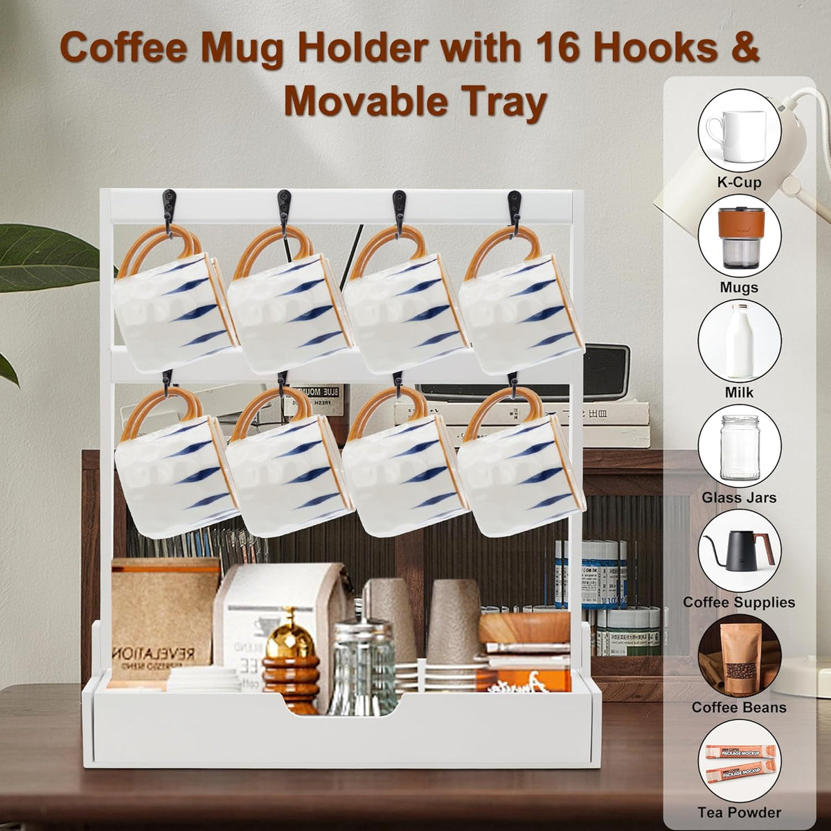 MinBoo Coffee Mug Cup Stand Bamboo Counter Top with 16 Hooks 2 Tier Coffee Mugs Tree with Coffee Pod Drawer Countertop Mug Rack Shelf Organizer Stand for Home Coffee Bar Kitchen Storage Display White