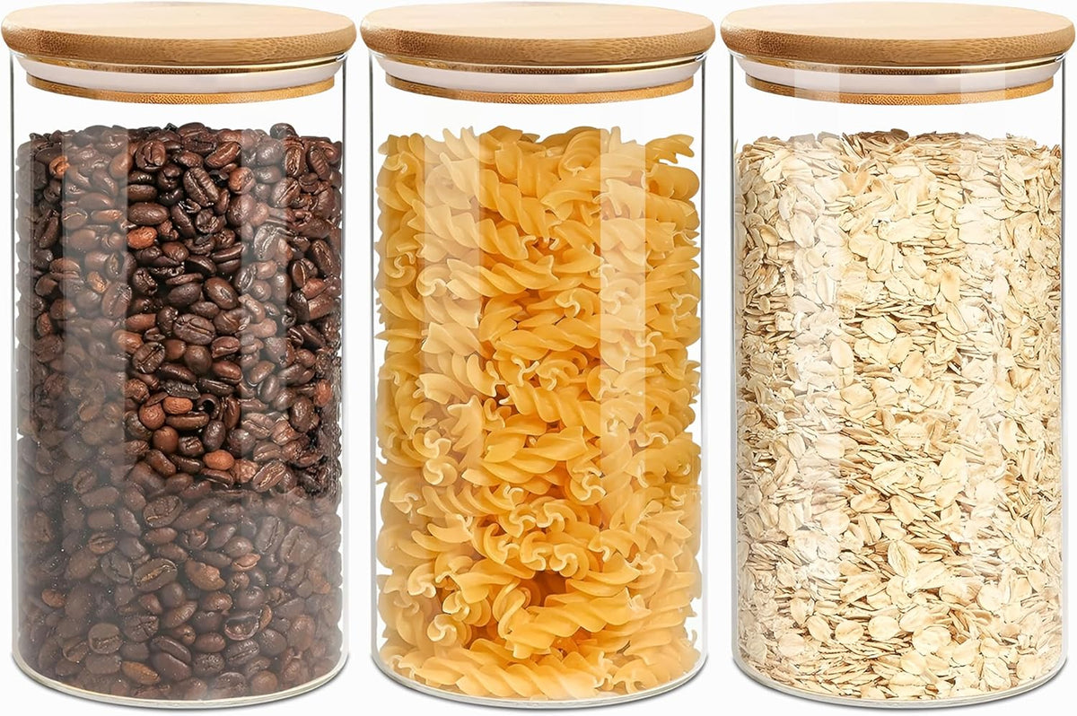 Round Glass Jars Canister with Wood Lid 40 FL OZ [Set of 3], Container Jar with Sealing, Lids for Oat Pasta Flour Cereal Rice Sugar Tea Coffee Beans, Best for Kitchen & Pantry