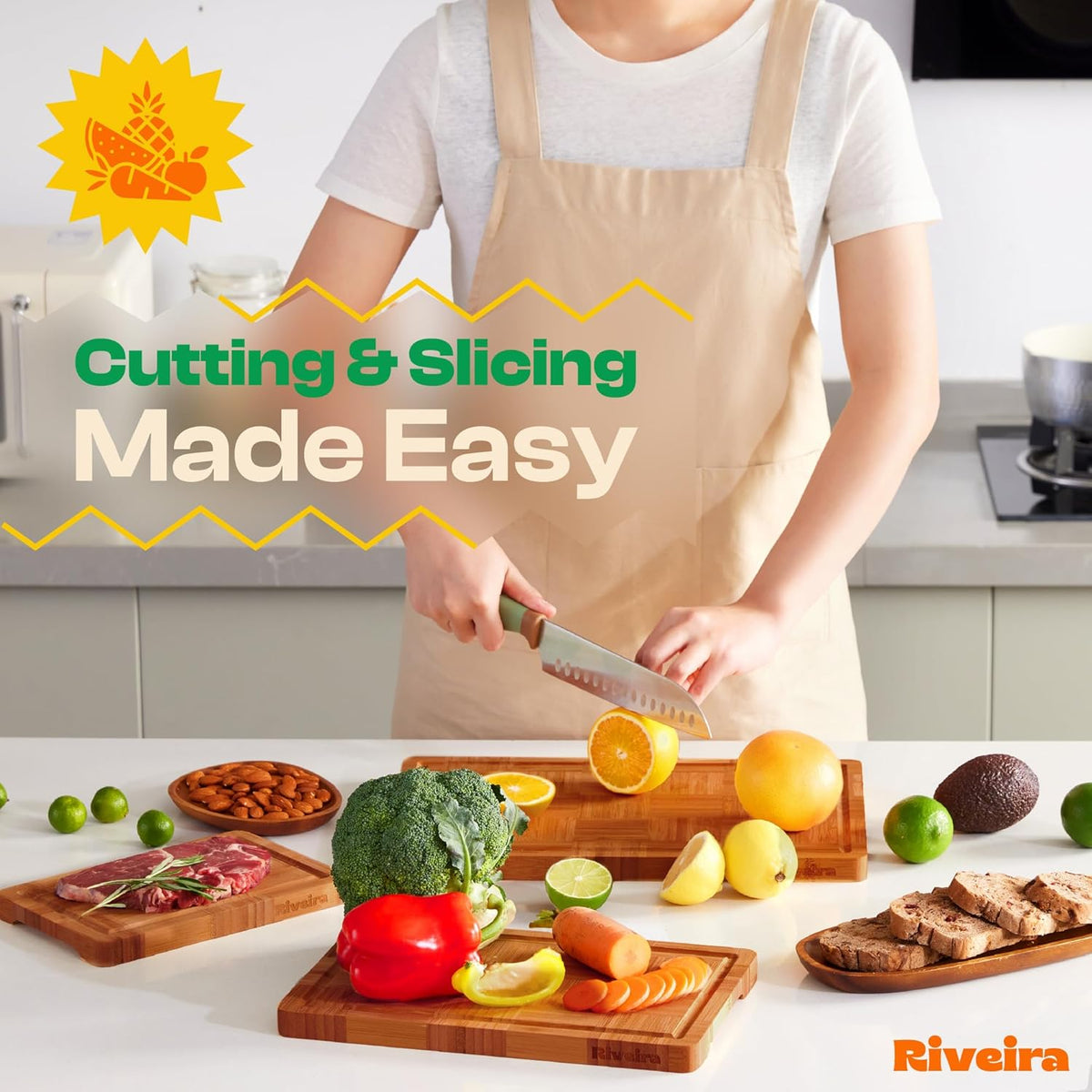 Riveira Bamboo End Grain Wood Cutting Board – Versatile And Durable: Set Of 3 Pcs Wooden Cutting Boards – Natural Wooden Cutting Boards For Kitchen Set – Complete Bamboo End Grain Cutting Board