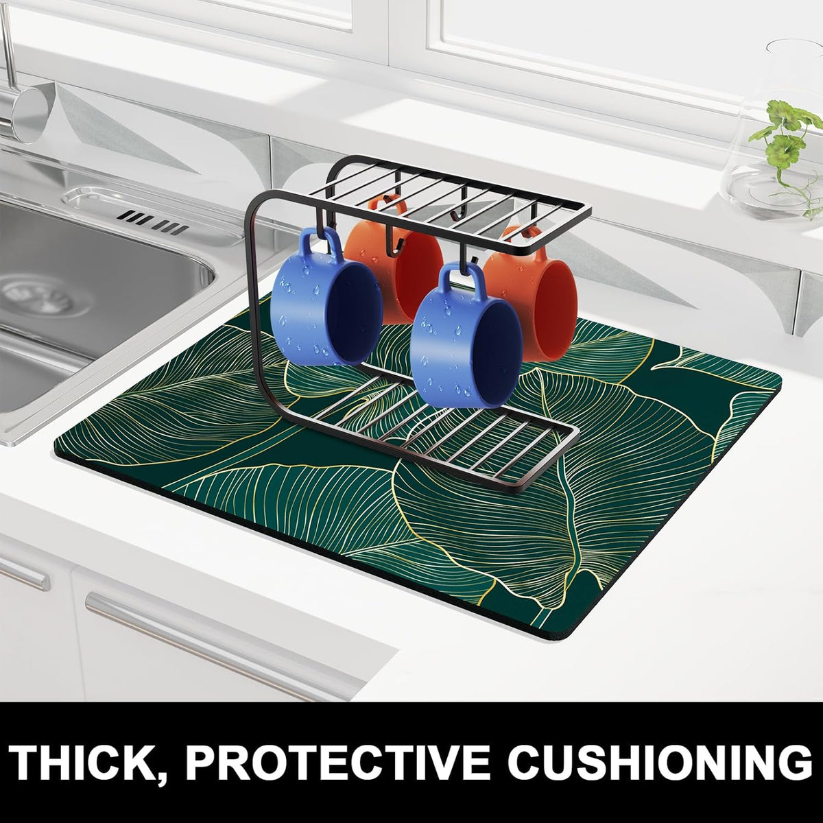 Rnivvi Dish Drying Mat for Kitchen Counter, 16 x 18" Boho Theme Absorbent Heat Resistant Drying Pad with Non-slip Rubber, Coffee Bar Mats for Dish Rack Kitchen Decor Accessories, Tropical Palm