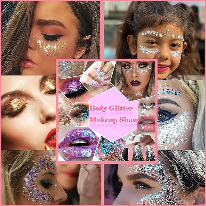 Body Glitter Face Glitter Gel: Singer Concerts Disco Festival Rave Accessories Face Glitter Makeup 150ml Chunky Sequins Mermaid Face Body Hair Glitter Gel (2 Gold)