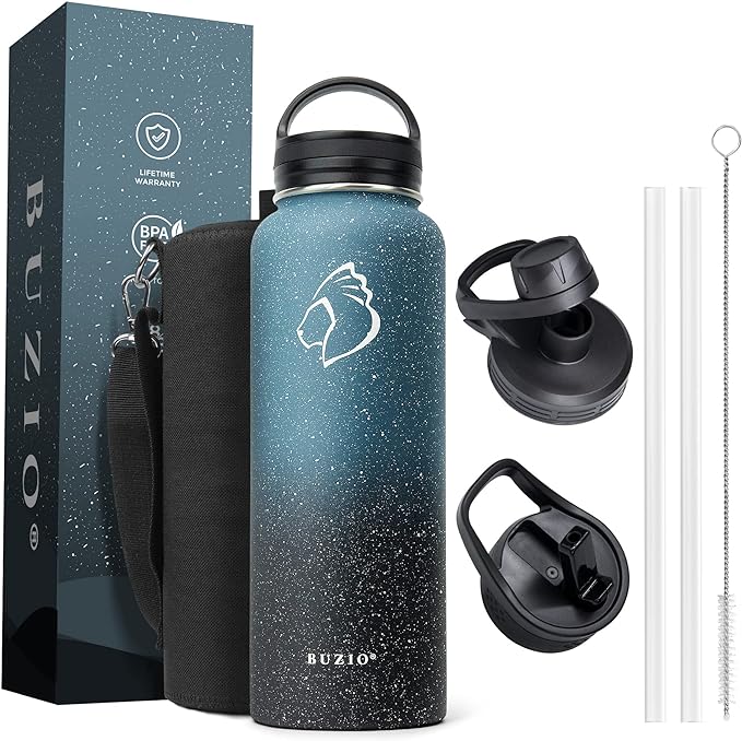 BUZIO 40 oz Water Bottle Insulated with Straw & 3 lid and Carrying Pouch, Leak Proof Anti-Slip Stainless Steel Water Flask Jug, Cold for 48 Hrs Double Vacuum Thermo Canteen, BPA-Free, Starry Indigo