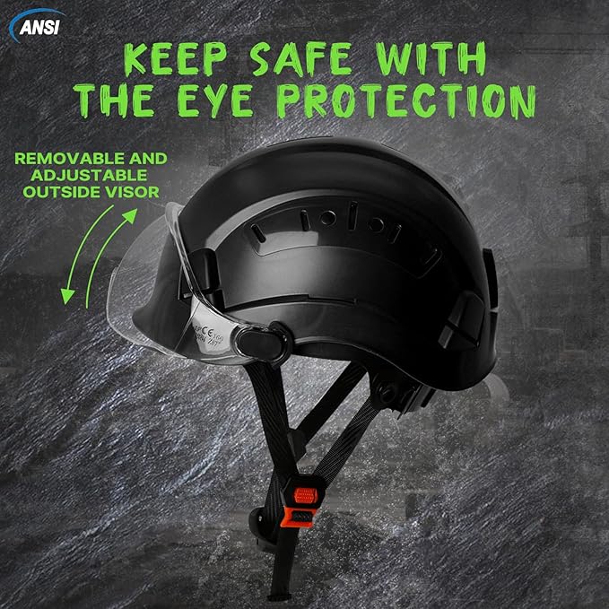 AOLAMEGS Construction Hard Hats for Men - ANSI Z89.1 OSHA Approved Safety Helmets, Black Hard Hat, Adjustable Vented Construction Hat with Clear Visor and Chin Strap, High Impact ABS Hardhats