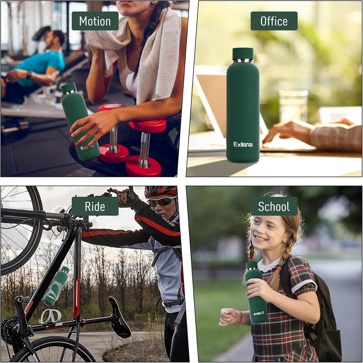 Slim Insulated Water Bottles for Travel 18oz with Clip, Double Wall Vacuum Stainless Steel Water Bottle Keeps Drinks Cold 24 Hrs/Hot 12 Hrs, 100% Leakproof, BPA Free(Emerald Green)