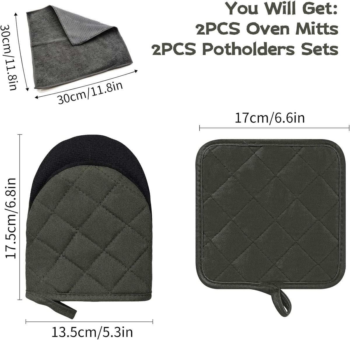 Kitchen Set Pack Of 5, Oven Mitts Pot Holders Pad And Towel Set, Heat Resistant Silicone Kitchen Mini Oven Mittens for 500 Degrees, Mini Oven Gloves and Hot Pads for Baking Grilling Barbecue Microwave