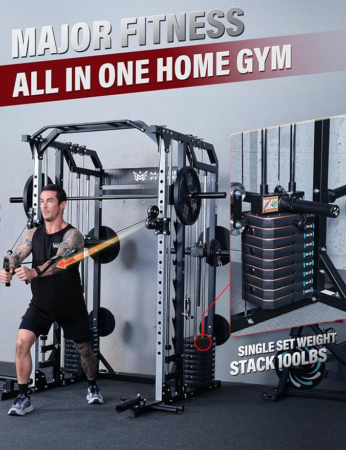 Major Fitness Drone2 Advanced Training Smith Machines– All-in-One Home Gym Squat Rack with Aluminum Pulley Set , Weight Bar, Dual LAT Pull-Down Systems & Cable Crossover Machine for Full-Body Workouts
