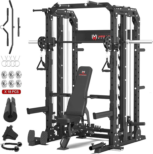 Smith Machine Home Gym with Aluminum Pulley Set- 2000lbs Capacity All-in-One Power Rack with Cable Crossover, Pull-Up Bar & Dip Station, Includes 18 Attachments, P107 Anvil