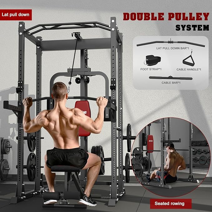 BEKING Power Cage, 2000LBS Power Squat Rack with LAT Pulldown, 2.36" ×2.36" Multi-Functional Squat Cage with Pulley System and More Training Attachments for Home Gym