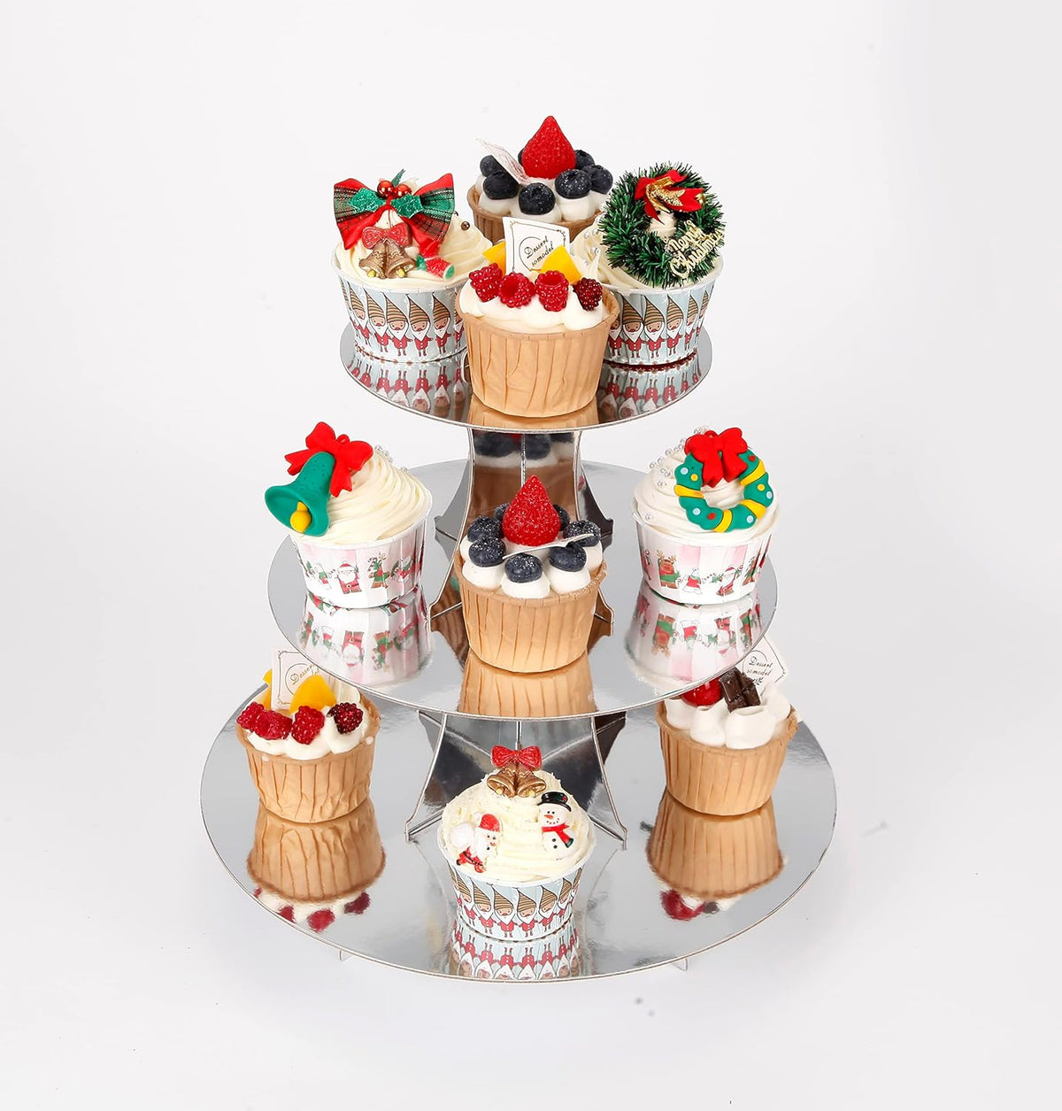 3-Tier Cupcake Stand, Sliver Cardboard Cake Stand Holder, Tiered DIY Cupcake Stand Tower for Dessert Table Displays, Birthday Theme Party Favors Decoration, Floral Tea Party, 12" W x 12.8" H