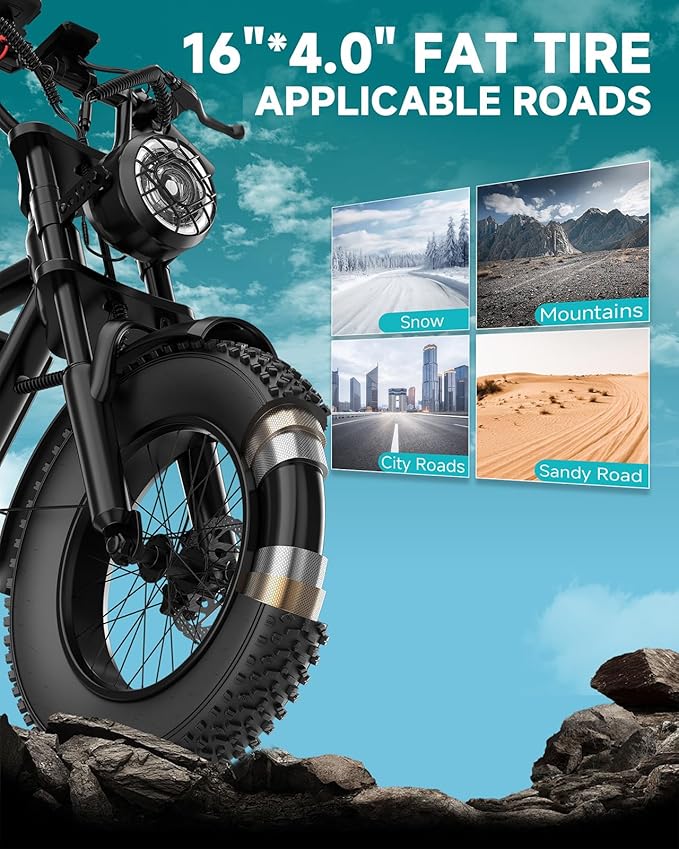 500W/750W Fat Tire Electric Dirt Bike for Adults, 48V 13.5AH/18AH Removable Battery 16"/20" Electric Motorcycle Ebikes with 31MPH Top Speed, 40-70 Miles Range, Full Suspension