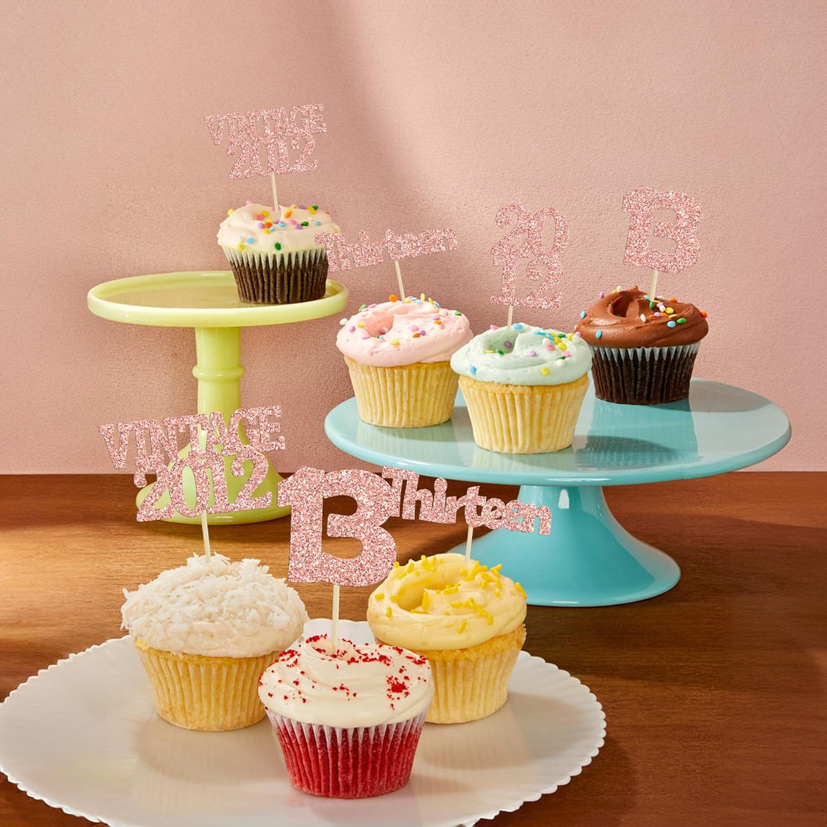 Gyufise 24Pcs 13th Birthday Cupcake Toppers Glitter Thirteen Vintage 2012 Hello 13 Years Birthday Cupcake Picks Official Teenager 13 Cake Decor for Happy 13th Anniversary Party Rose Gold