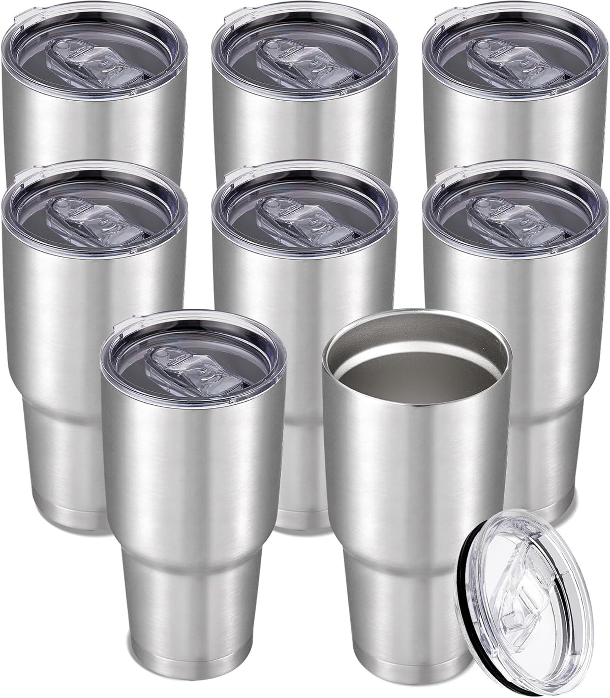 30 oz Tumbler with Lid Stainless Steel Tumblers Bulk Vacuum Insulated Cup Reusable Powder Coated Travel Mug Double Wall Leak Proof Cups Keep Cold Drinks for 12 Hours Stainless, Set of 8