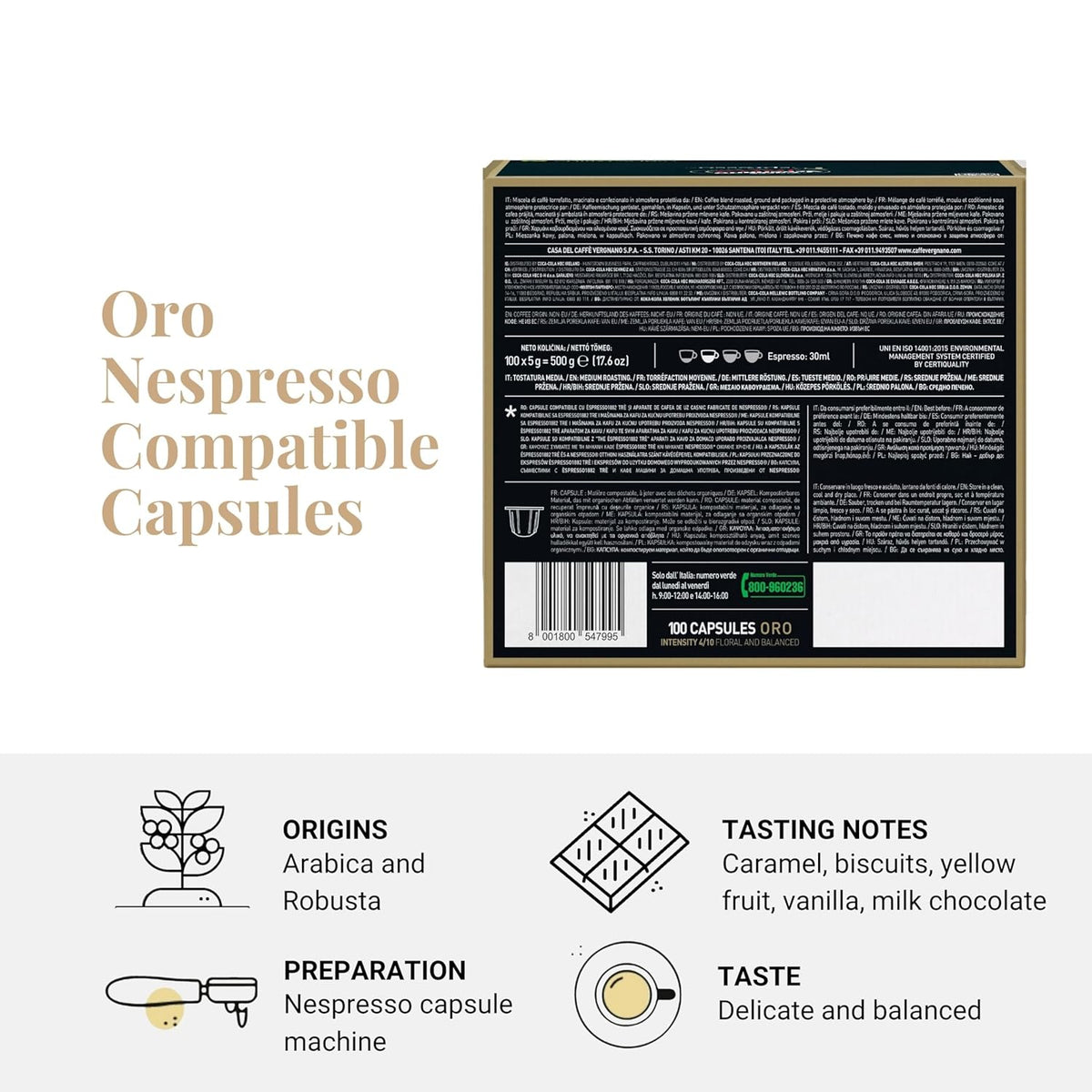 Caffe' Vergnano 1882 Medium Roast Espresso Original Line Machine Compatible Capsules, Arabica Robusta Espresso Coffee, Italian Coffee For Nespresso Coffee Machines, Intensity 4/10, Oro, 100 Ct