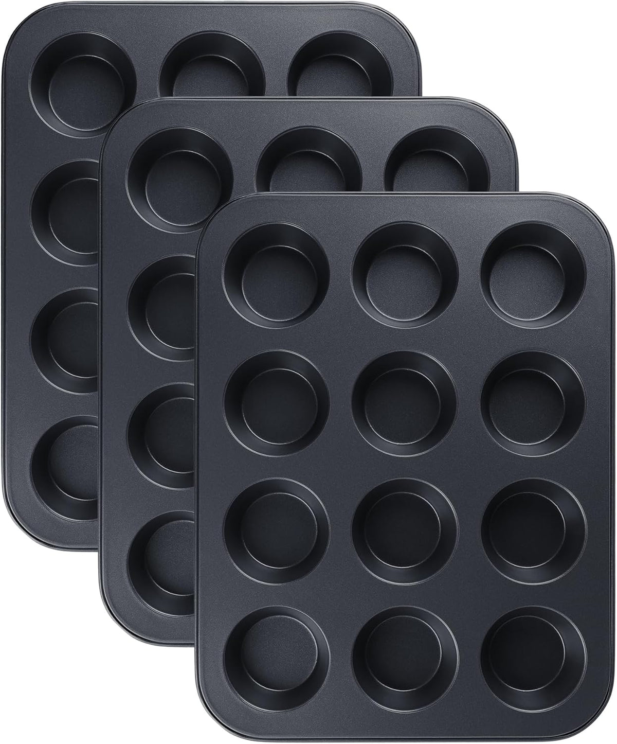 Muffin-Pan for Baking, Nonstick Cake Pan 12 Cups, 3 Pack Cup Premium Cheesecake Pans, Cupcake Baking Pan for Oven 13.2 * 10 * 1.1in Black