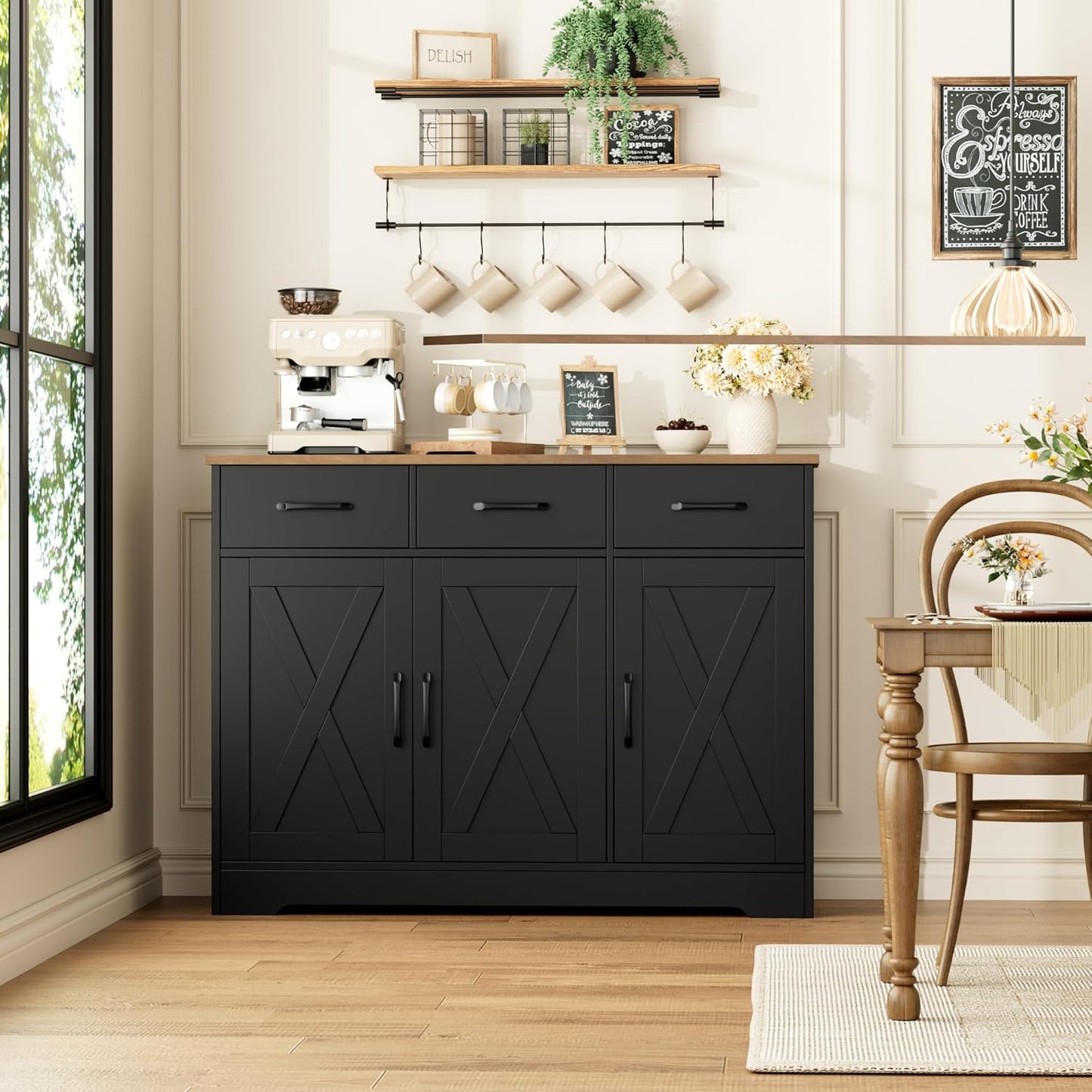 HOSTACK Modern Farmhouse Buffet Sideboard Cabinet, Barn Doors Storage Cabinet with Drawers and Shelves, Wood Coffee Bar with Storage for Dining Room, Kitchen, Living Room, Black/Rustic Brown