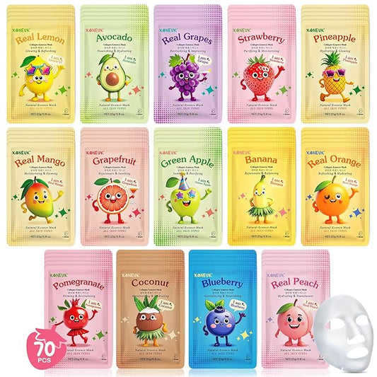 70 Pack Collagen Hydrating Face Masks Skincare for Women, Cute Fruit Face Mask Skin Care for Kids Teens, Bulk Sheet Facial Masks Set for All Skin Types, Spa Party Supplies for Girls, Birthday Gifts