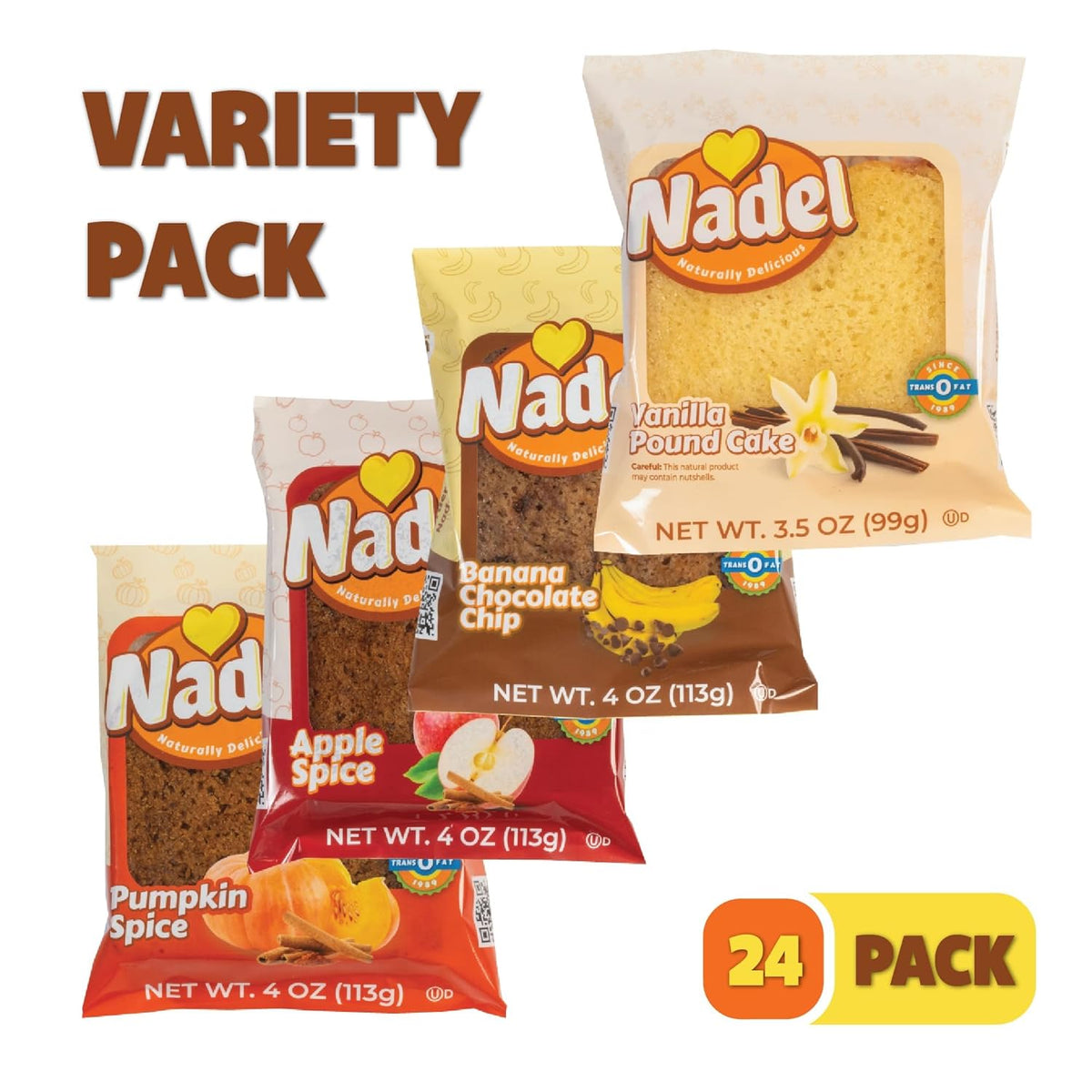 Nadel - Naturally Delicious Sweet Breads Variety Pack (Banana Chocolate Chip, Vanilla Pound Cake, Apple Spice, Pumpkin Spice). (24 Pack, 6 Breads Per Flavor)