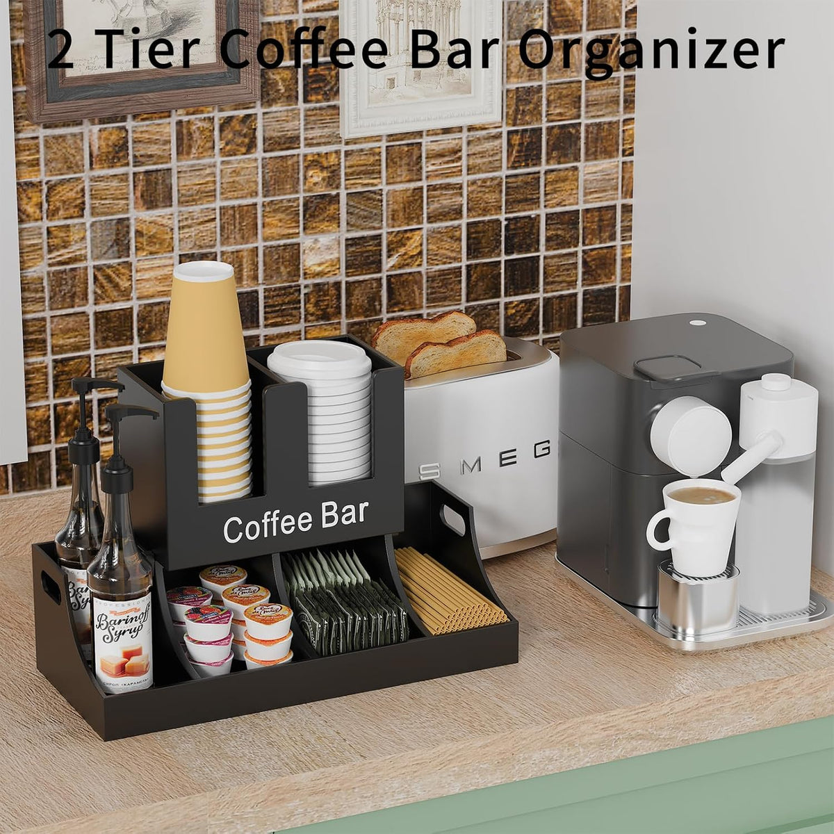 Coffee Station Organizer, Wooden Coffee Bar Organizer for Countertop, Condiment and Cup Storage Organizer, Bar Accessories for Kitchen, Office, Home, Black