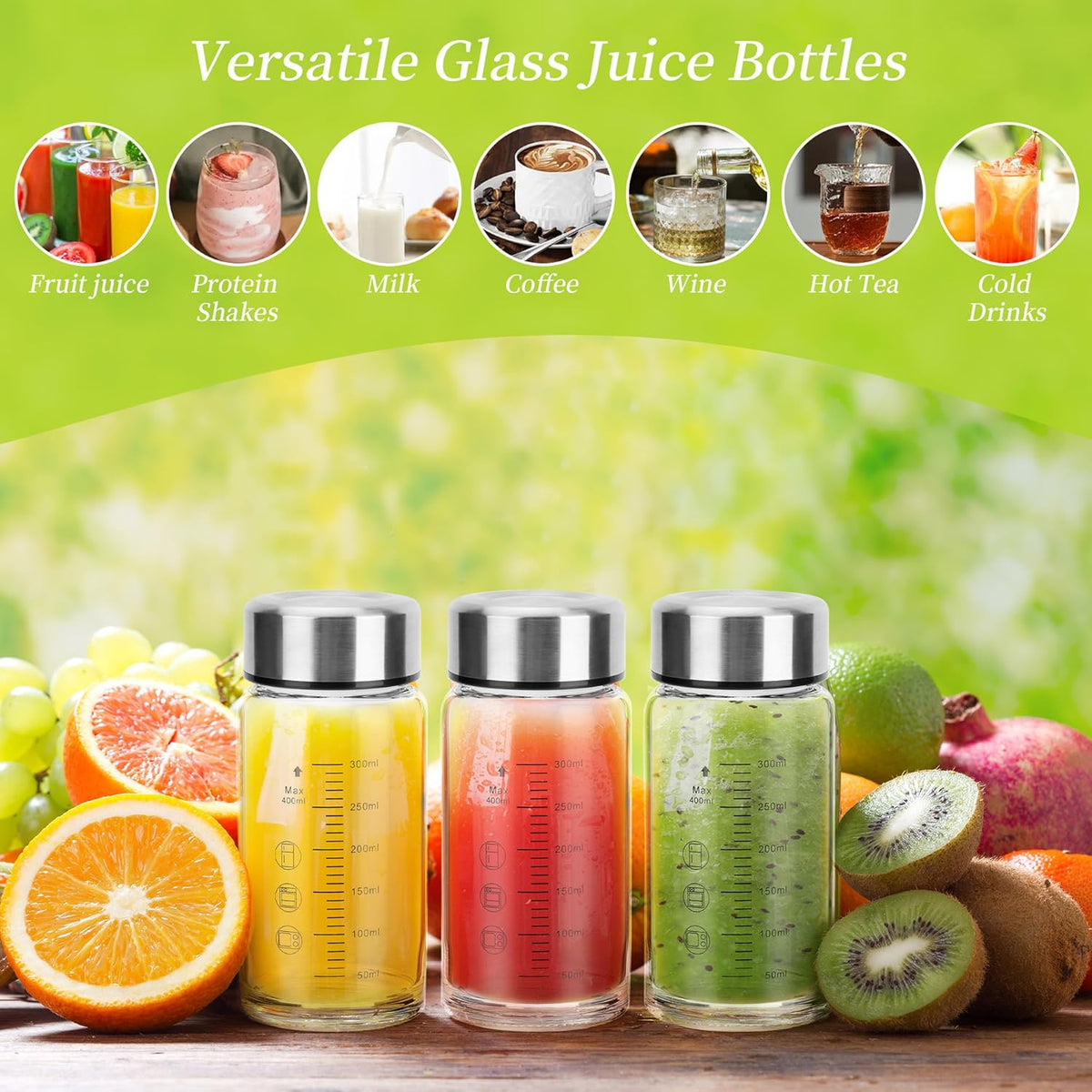 souG 4 Pack 14oz Juice Bottles，Wide Mouth Glass Water Bottles with Lids - for Juicing, Smoothies, Milk, Protein, BPA Free, Reusable, Stainless Steel Lids, Leak Proof, Shaker bottle (14oz/400ml)