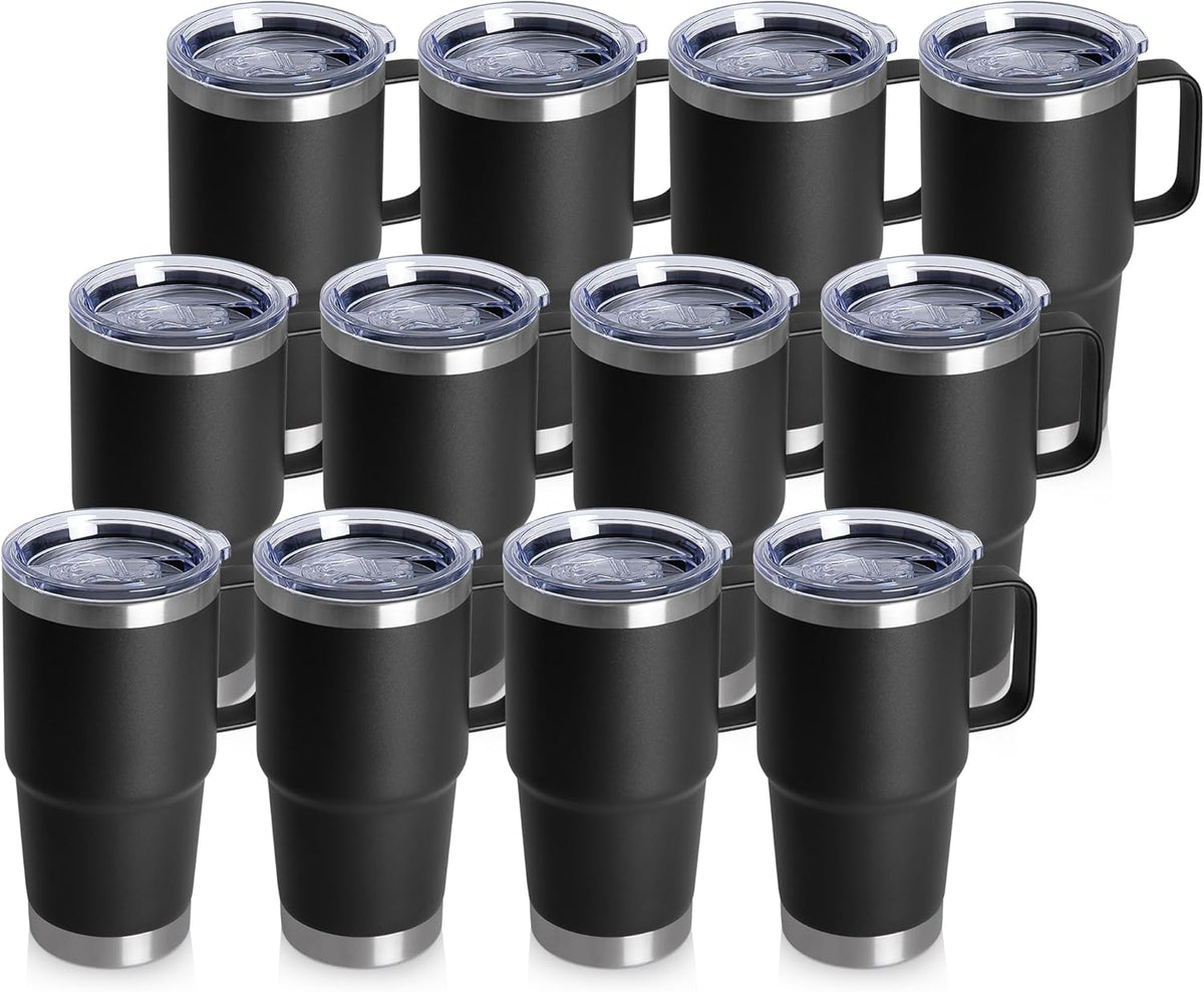 HASLE OUTFITTERS 20oz Tumbler Bulk with Lid, Stainless Steel Tumbler Bulk with Handle, Metal Insulated Travel Coffee Mug Set with Handle, Double Wall Vacuum Leak Proof Tumbler Cup, Black 12 Pack