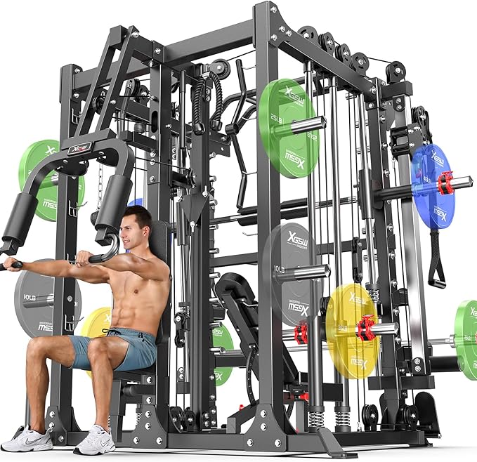 Smith Machine Power Rack Multifunctional Power Cage Deep Squat Rack Cable Crossover System Selectable More Training Attachment for Garage & Home Gym