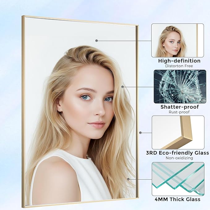 24x40 Inch Brass Bathroom Mirror for Wall, Aluminum Frame Rectangle Rectangular Vanity Mirror, Modern Large for Bedroom, Living Room, Horizontal or Vertical