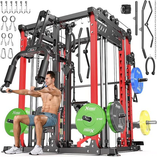 Smith Machine with Cable Crossover System, Multi-Function Power Cage Squat Rack for Home Gym, Power Rack and Packages Weight Sets.