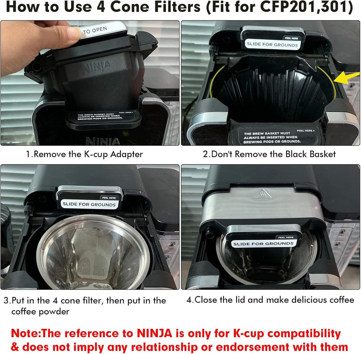 Stainless Steel Reusable Coffee Filter Compatible with Ninja Coffee Maker, 4 Cone Coffee Filters Coffee Basket, Permanent Coffee filters fit for Ninja CFP201 CFP300