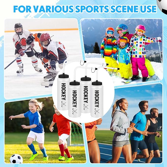 Domensi 4 Pack 1 Liter Sports Water Bottle W/Long Straw Hockey Lacrosse BPA Free Easy Squeeze Plastic Bottle Use W/Sport Helmet in Football Baseball Gym Yoga (Translucent,Novel)