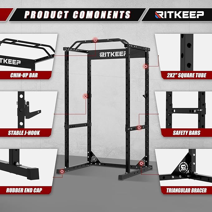 RitKeep Power Rack RMAX 2250 Multi-Function Power Cage for Strength Training - 1200lb Capacity Squat Rack with Multi-Grip Pull-Up Bar, Safety Bars, and J-Hook for Home Gym