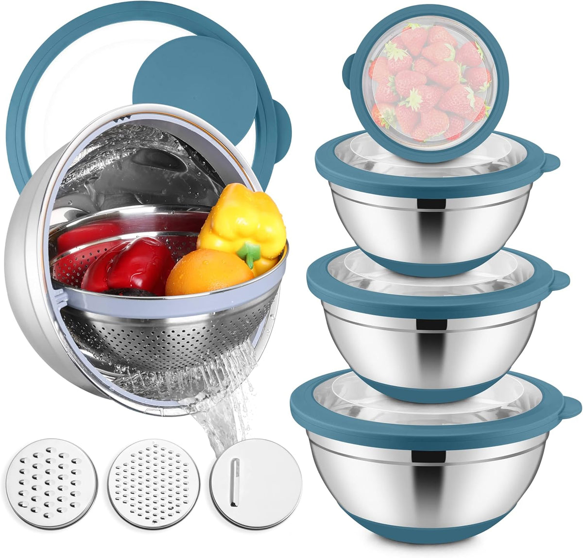 E-far Mixing Bowls with Lids Set, 15PCS Stainless Steel Mixing Nesting Bowls with Colander and 3 Metal Graters for Kitchen, Non-Slip Bottom & Airtight Transparent Lid, 4.6, 3, 1.5, 1, 0.7QT, Blue