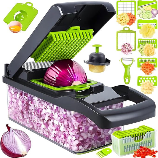 16-in-1 Vegetable Chopper & Slicer | Stainless Steel Mandoline Cutter with Onion Dicer, Grater, Spiralizer, Julienne Blades | Multifunctional & Manual Kitchen Tool I Lightweight & Easy To Use