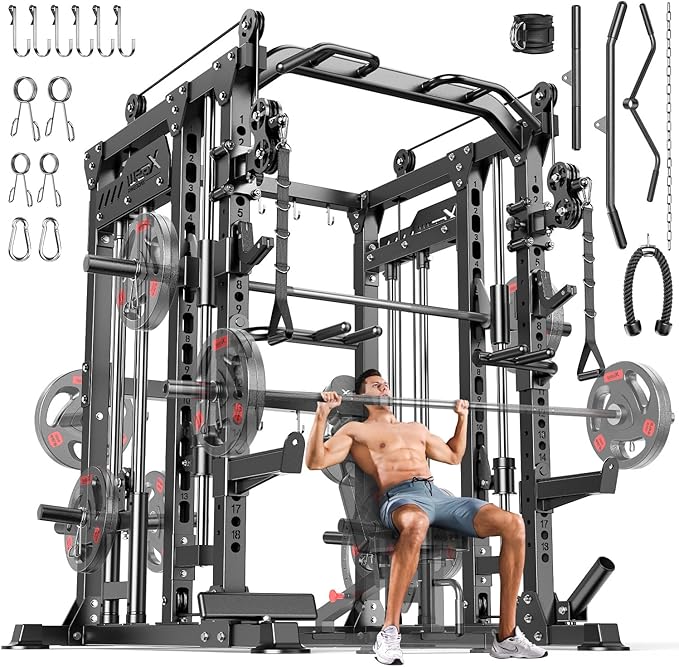 Smith Machine with Cable Crossover System, Multi-Function Power Cage Squat Rack for Home Gym, Power Rack and Packages Weight Sets.