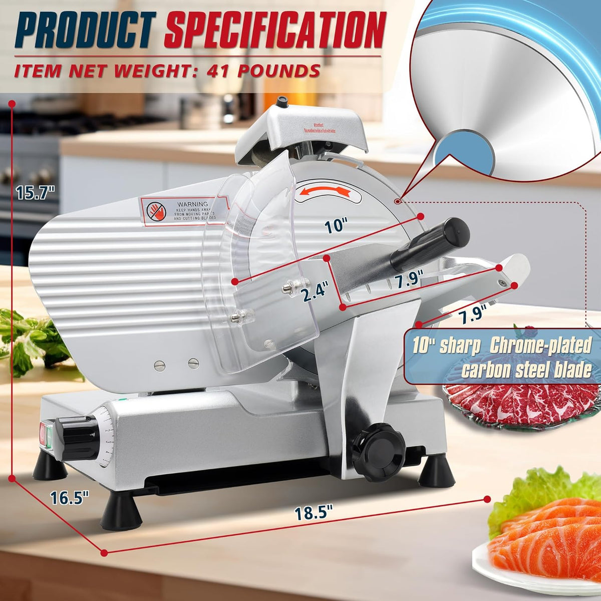 10 inch Commercial Meat Slicer, Electric Food Slicer, 240W Deli Slicer, Premium Chromium-plated Steel Blades, 0-12mm Adjustable Thickness Food Slicer For Commercial and Home use