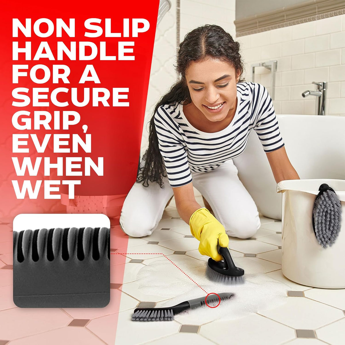 Scrub Brush Set of 6 pcs - Cleaning Shower Scrubbers with Squeegee for Shower Glass and Adhesive Wall Hooks Including Grout Cleaner Brush, Scrub Brushes for Cleaning Bathroom, Shower, Tile, Bathtub